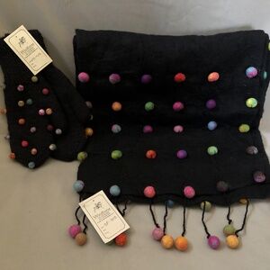 Matching Black and Colorful Pom-Pom Scarf and Mittens